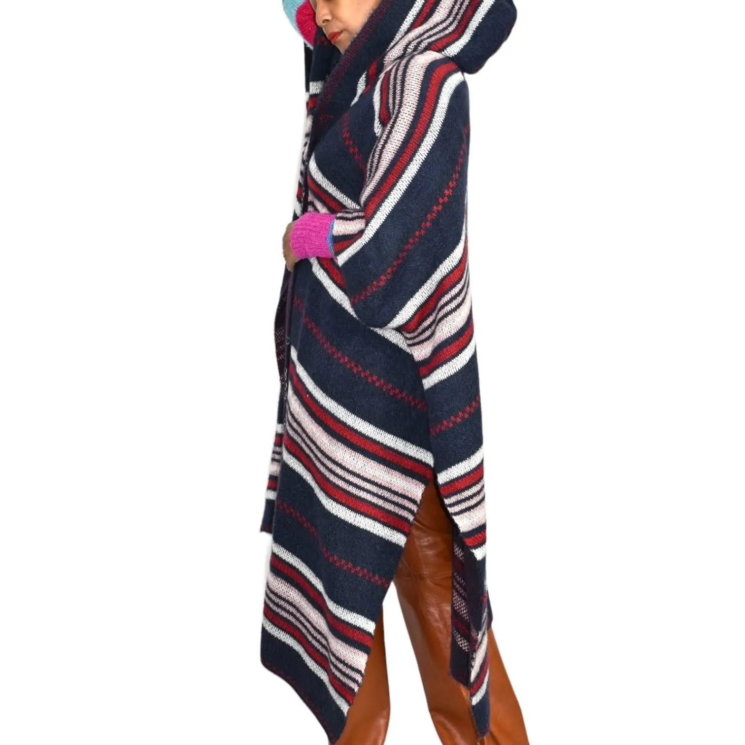 Free People Hooded Poncho Sweater Cold Canyon Striped Oversized One Small S M L