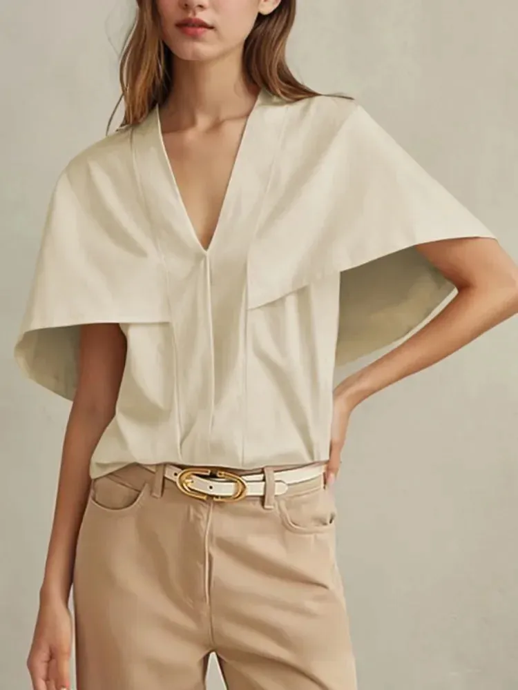 Hnzxzm 2024 New Arrivals Women Summer Solid Color Cape Sleeves T-shirts Loose V-Neck Urban Casual Office Pleated Shirts Tops