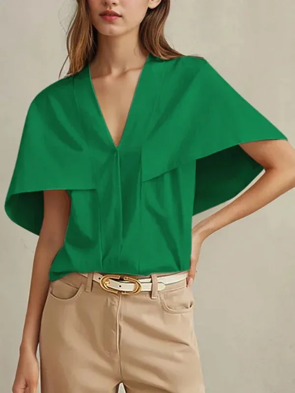 Hnzxzm 2024 New Arrivals Women Summer Solid Color Cape Sleeves T-shirts Loose V-Neck Urban Casual Office Pleated Shirts Tops