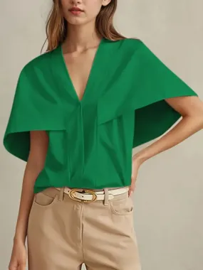 Hnzxzm 2024 New Arrivals Women Summer Solid Color Cape Sleeves T-shirts Loose V-Neck Urban Casual Office Pleated Shirts Tops