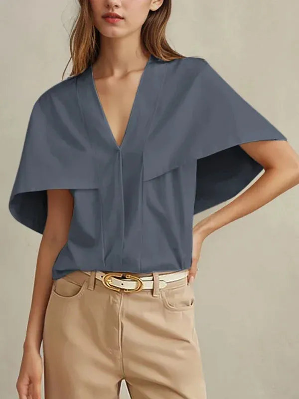 Hnzxzm 2024 New Arrivals Women Summer Solid Color Cape Sleeves T-shirts Loose V-Neck Urban Casual Office Pleated Shirts Tops