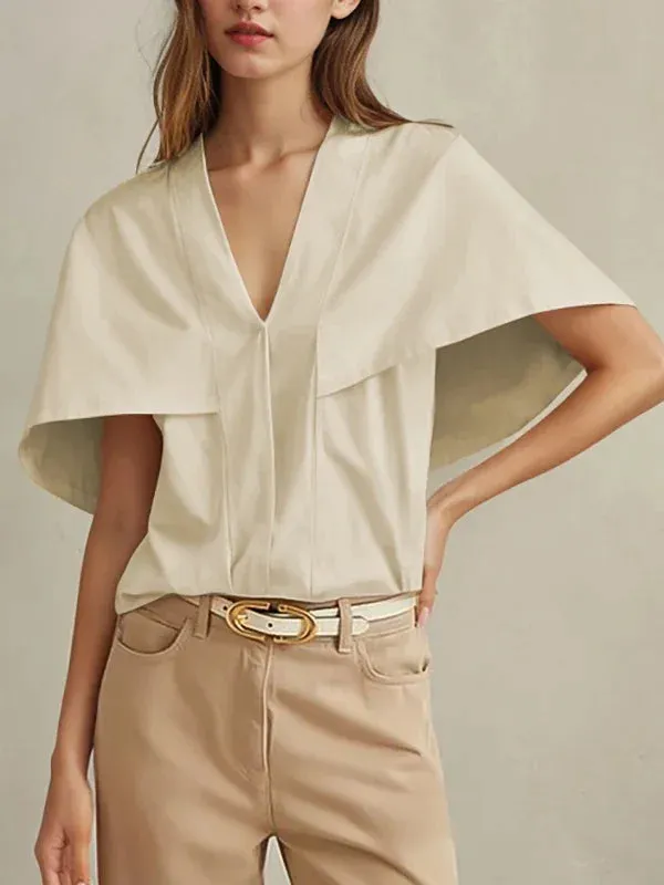 Hnzxzm 2024 New Arrivals Women Summer Solid Color Cape Sleeves T-shirts Loose V-Neck Urban Casual Office Pleated Shirts Tops