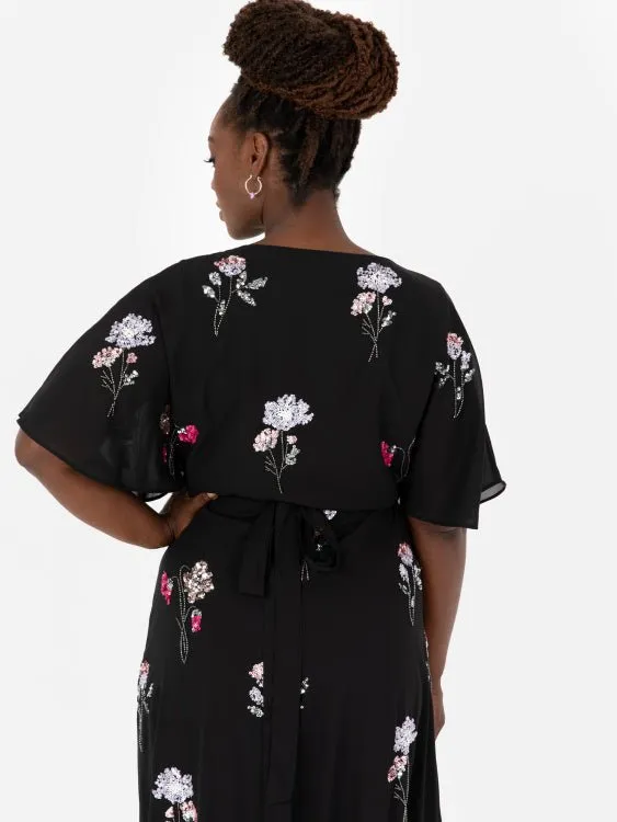 Maya Black Floral Embellished Wrap Plus Size Maxi Dress