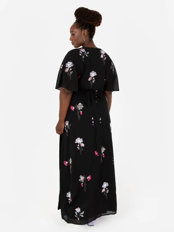 Maya Black Floral Embellished Wrap Plus Size Maxi Dress