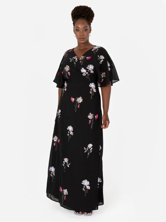 Maya Black Floral Embellished Wrap Plus Size Maxi Dress