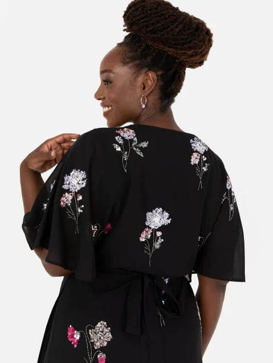 Maya Black Floral Embellished Wrap Plus Size Maxi Dress