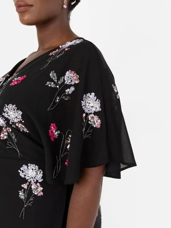 Maya Black Floral Embellished Wrap Plus Size Maxi Dress